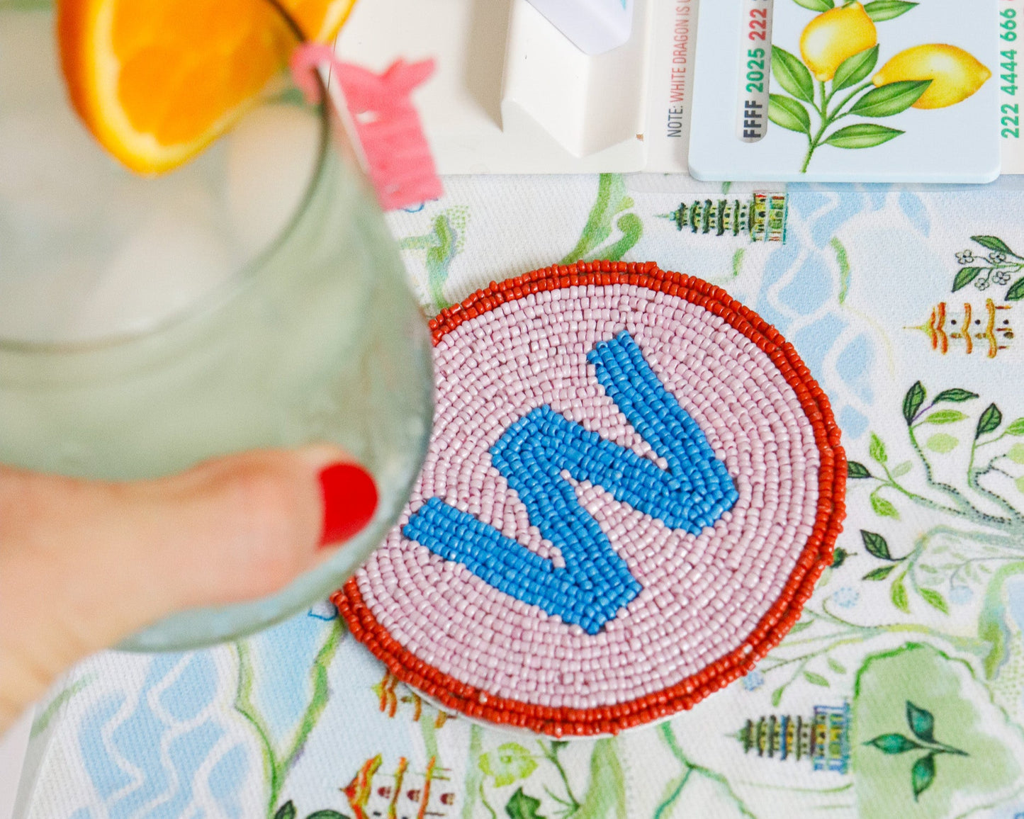 Mark Your Mahjong's newest accessory- our hand beaded WINDS coasters. West coaster.
