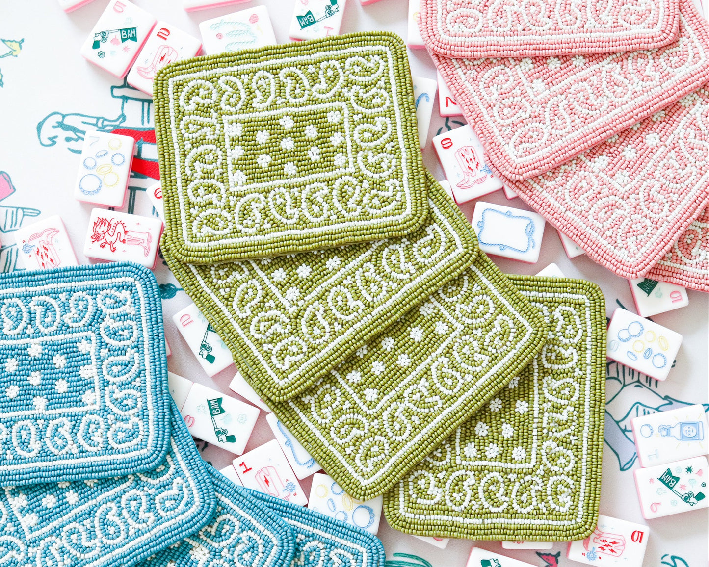 Hand Beaded Coasters in Avocado Green