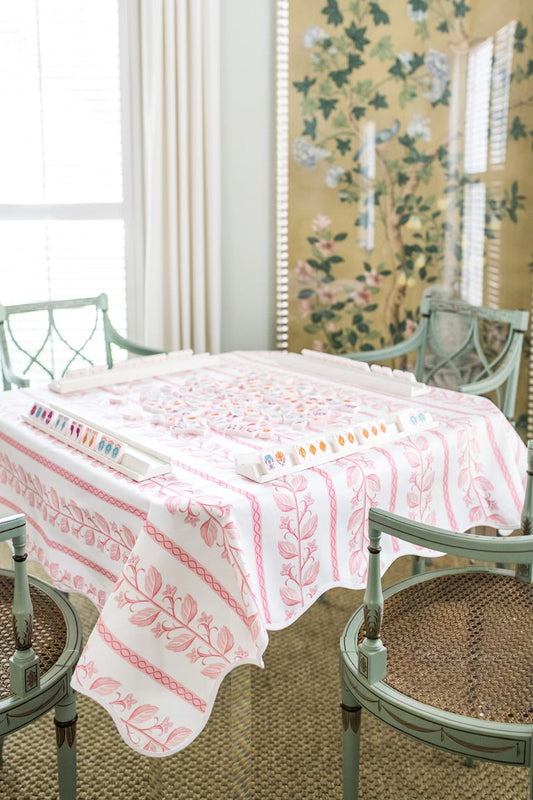 Scalloped Square Game Table Topper | Pink Botanical Stripe