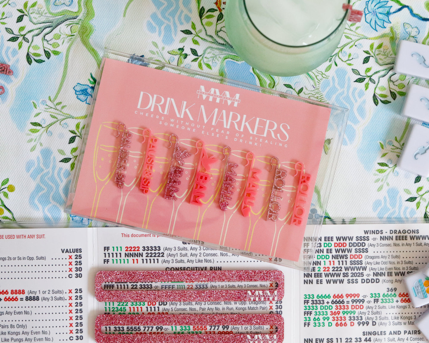Mahjong Sayings Drink Markers in Petal Pink and Glitter Pink 8-Pack