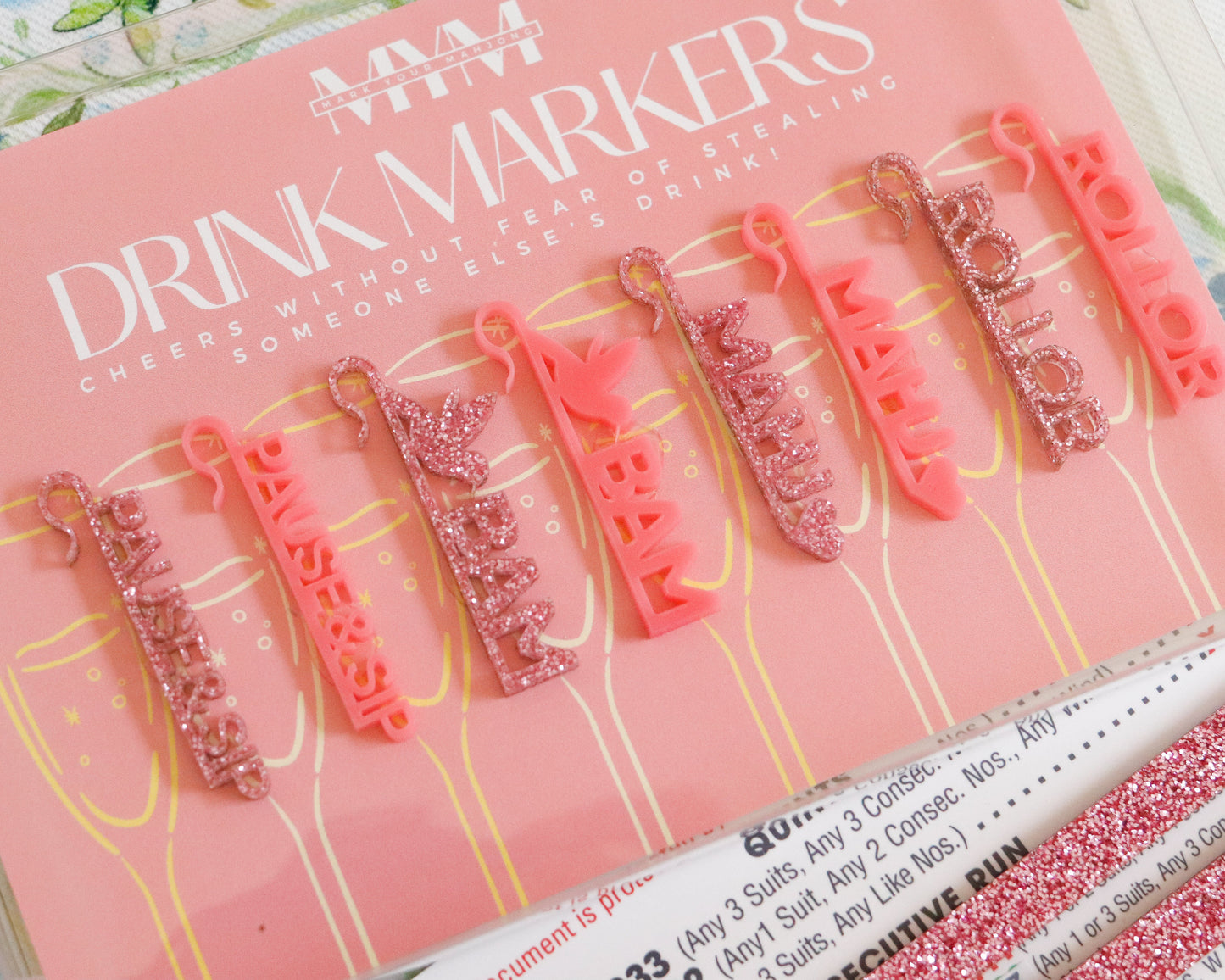 Mahjong Sayings Drink Markers in Petal Pink and Glitter Pink 8-Pack