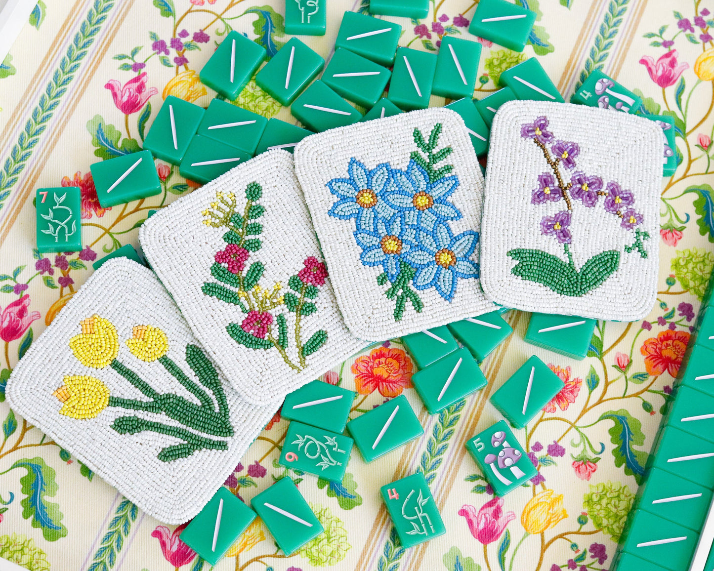 Hand-Beaded Flower Tile Coasters