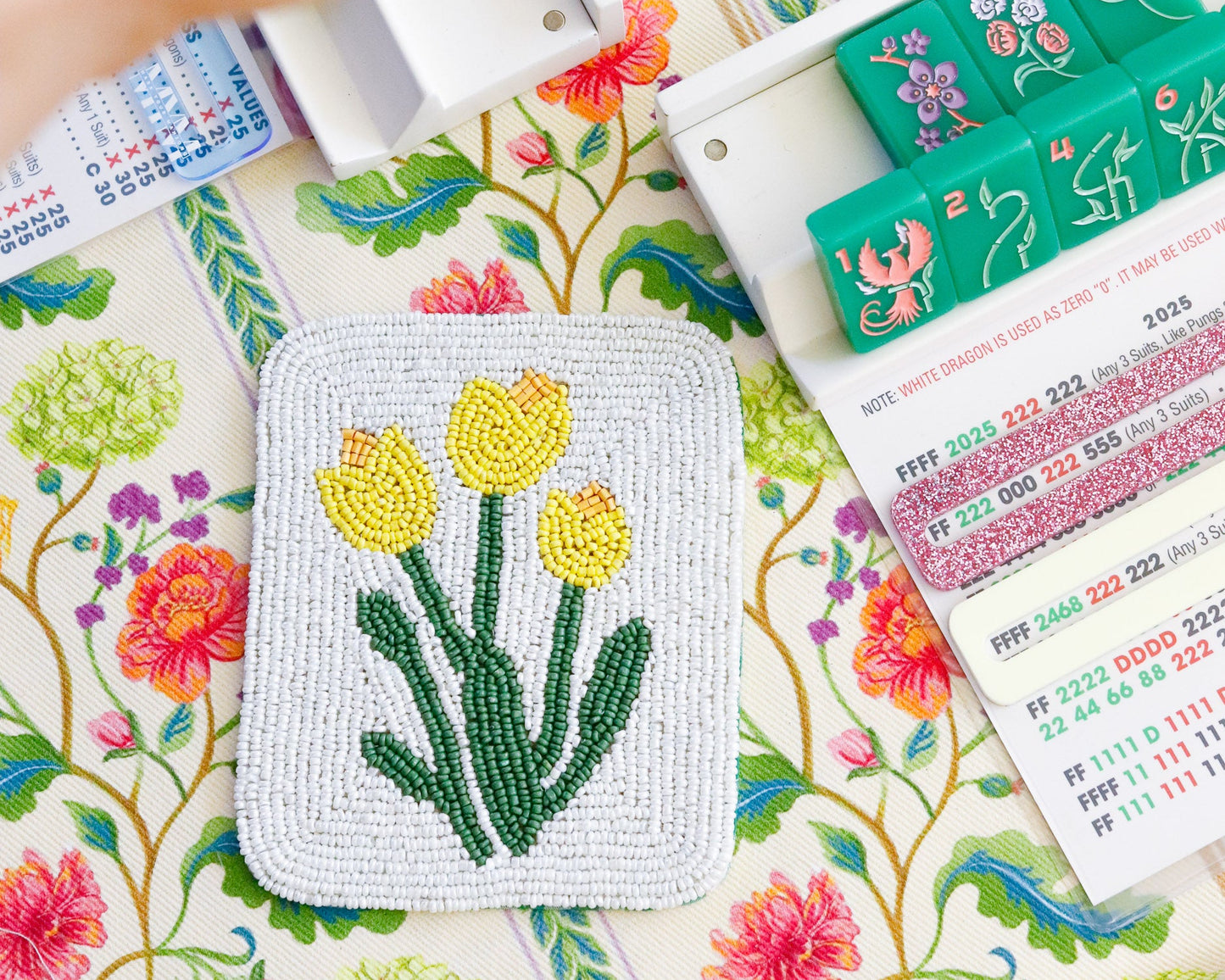 Hand-Beaded Flower Tile Coasters