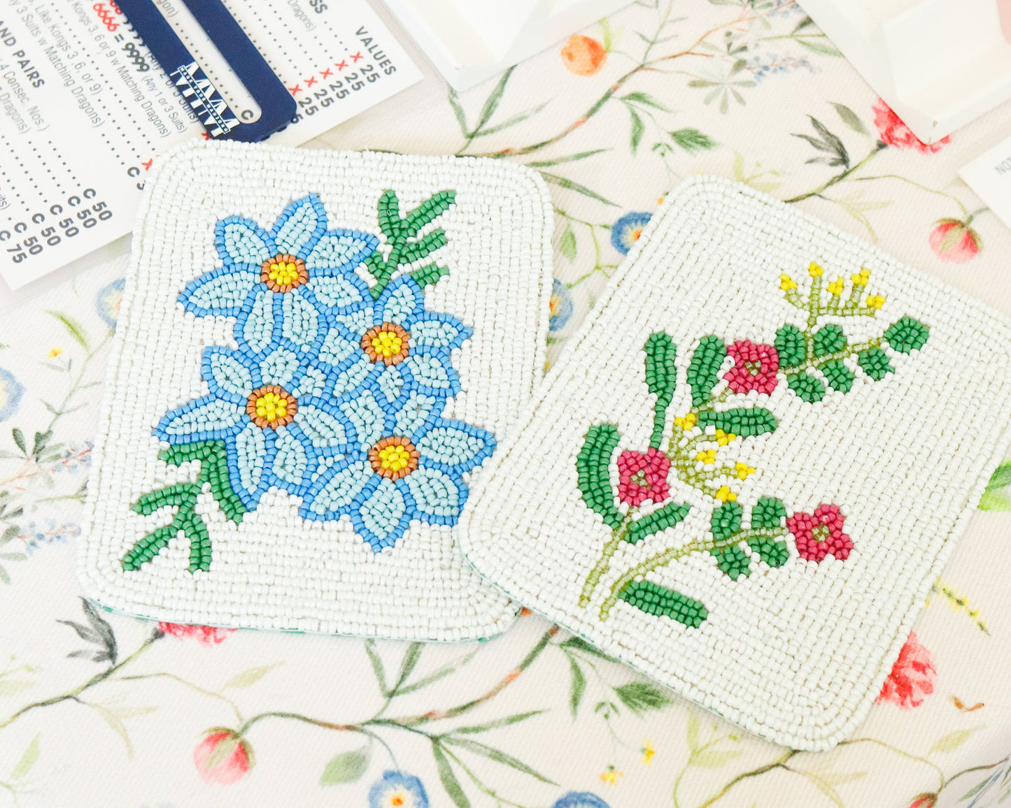 Hand-Beaded Flower Mahjong Tile Coasters