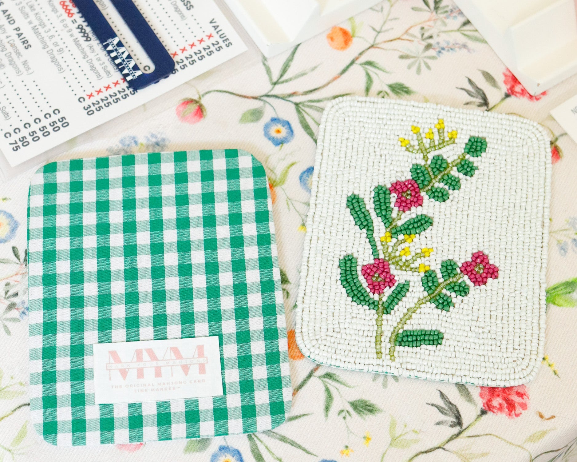 Hand-Beaded Flower Mahjong Tile Coasters