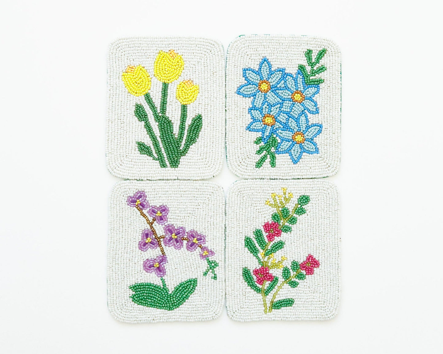 Hand-Beaded Flower Tile Coasters