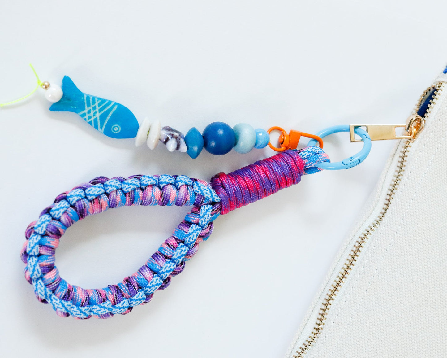 Mahjong Bag Loop in Blue/Pink Combo Paracord with Light Blue Carabiner Clip