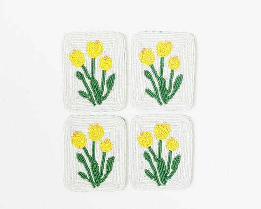 Hand-Beaded Yellow Flower Tile Coasters