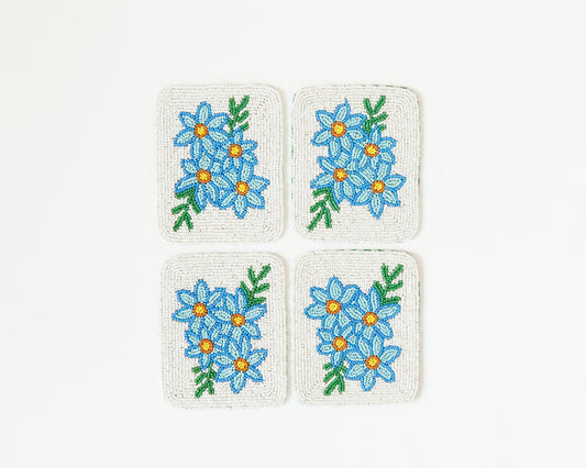 Hand-Beaded Blue Flower Tile Coaster Set