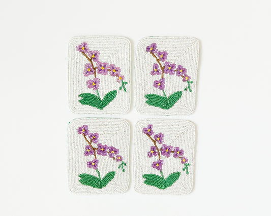 Hand-Beaded Purple Flower Tile Coasters