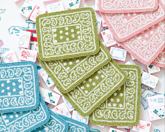 Hand Beaded Coasters in Avocado Green